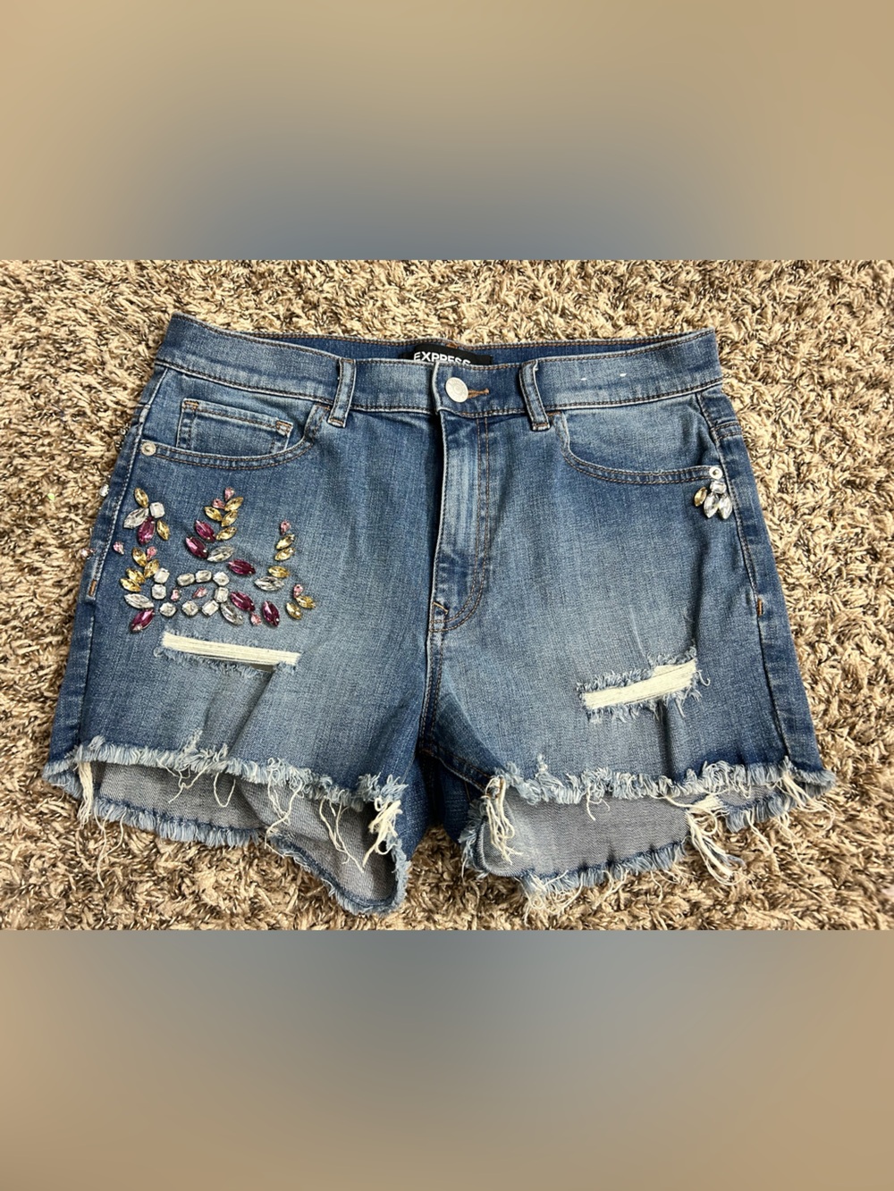 Express Embellished Distressed Denim Shorie High Rise Shorts Sz 8